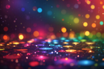 Abstract background with bokeh defocused lights and stars in rainbow colors. Nightlife and disco party banner.