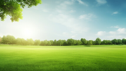 Green lawn and trees background with copyspace. Nature background concept. Generative AI - obrazy, fototapety, plakaty