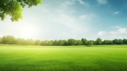 Fotobehang Green lawn and trees background with copyspace. Nature background concept. Generative AI © BoszyArtis