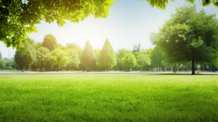 Obraz premium Green lawn and trees background with copyspace. Nature background concept. Generative AI