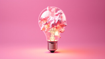 Floating crumpled paper light bulb on pink background