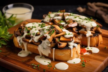 Obraz na płótnie Canvas mushroom bruschetta topped with melted cheese