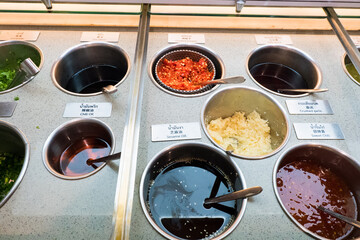Various sauce for mala shabu hotpot at restaurant ,Very famous dish in Asia especially China.