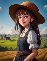 A young, smiling woman with long brown hair and a sun hat is standing on top of a grassy hill