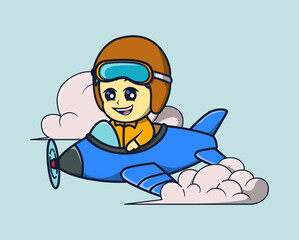 vector illustration of a pilot driving a cute airplane with clouds around.