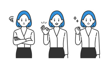 悩み･解決･ガッツポーズをするビジネスパーソン女性のセット【人物ベクターイラスト素材】