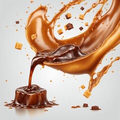 Sweet melted caramel, liquid caramel sauce splash with toffee candies, Generated with AI