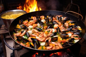 moules and prawns ready to be mixed into a seafood paella