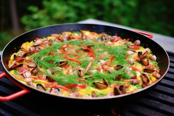 partially cooked paella with raw ingredients at the side