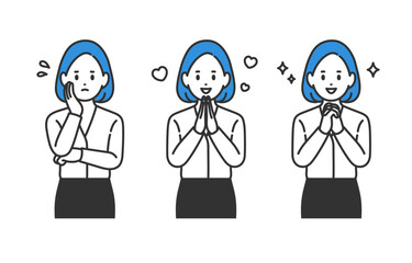 悩み･よろこび･期待のポーズをするビジネスパーソン女性のセット【人物ベクターイラスト素材】