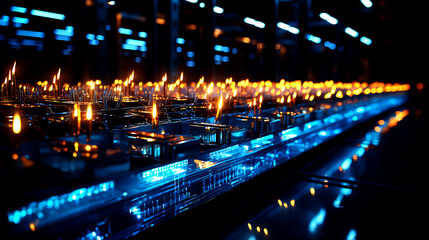 Row of network servers with glowing LED lights