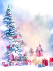 Christmas tree with gifts and decorations. Watercolor illustration