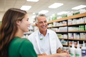 Fototapeta na wymiar Pharmacist and client at pharmacy, smiling