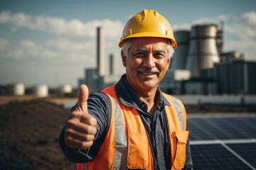 a senior male Engineering showing trump up and smiling on solar panels side work.AI generated - obrazy, fototapety, plakaty