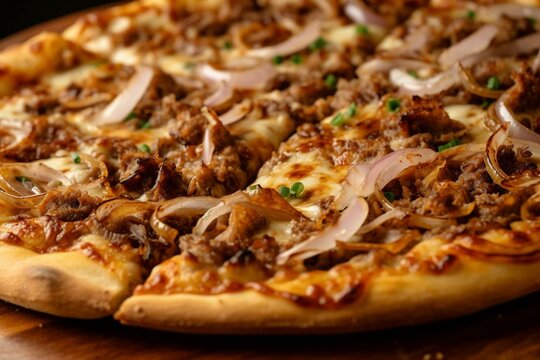 Close-up image of a large homemade pizza with extensive toppings, including french onion. Generative AI