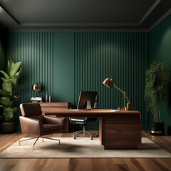 a home office room, 5mx2,6m, forest green wall paint, walnut acoustic panel on one wall, walnut desk and office furniture, a leather armchair