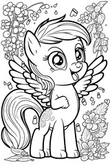 cute my little pony singing coloring book page black outline in white background 