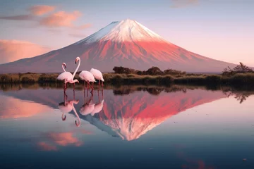 Foto op Canvas Volcano reflecting in water with flamingos. Generative AI © Amira