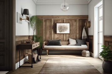 A rustic hallway and living room with wooden farmhouse features. The interior design showcases a mix of white and dark tones with a bench, sofa, coat rack, and frame mockup. Generative AI