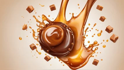 Foto op Plexiglas Sweet melted caramel, liquid caramel sauce splash with toffee candies, Generated with AI © Final Version Studio