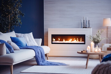 Modern living room with fireplace. Cozy interior design with blue, white and beige colors