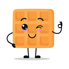 Cute happy waffle cartoon. Funny smiling and wink food cartoon emoticon in flat style. closet vector illustration