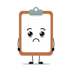 Cute sad clipboard character. Funny unhappy notepad cartoon emoticon in flat style. closet vector illustration
