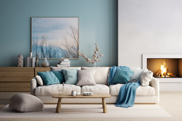 Modern living room with fireplace. Cozy interior design with blue, white and beige colors - obrazy, fototapety, plakaty