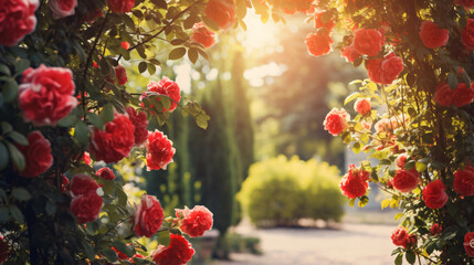 Flower arch with blooming red climbing roses. Garden