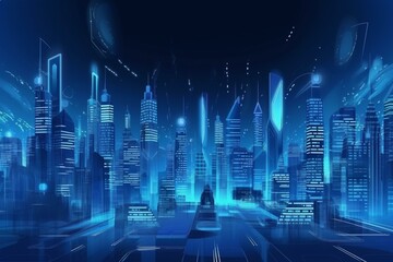 Modern cityscape wallpaper with futuristic buildings and vibrant blue lighting. Generative AI - obrazy, fototapety, plakaty