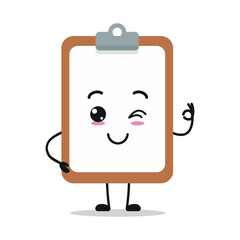 Cute happy clipboard character. Funny smiling and wink notepad cartoon emoticon in flat style. closet vector illustration