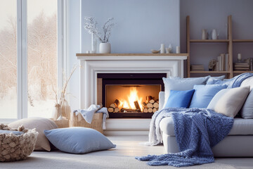 Modern living room with fireplace. Cozy interior design with blue, white and beige colors