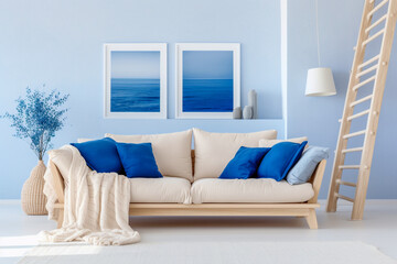 Modern living room with beige, white and blue colors. Minimalistic cozy design with sofa