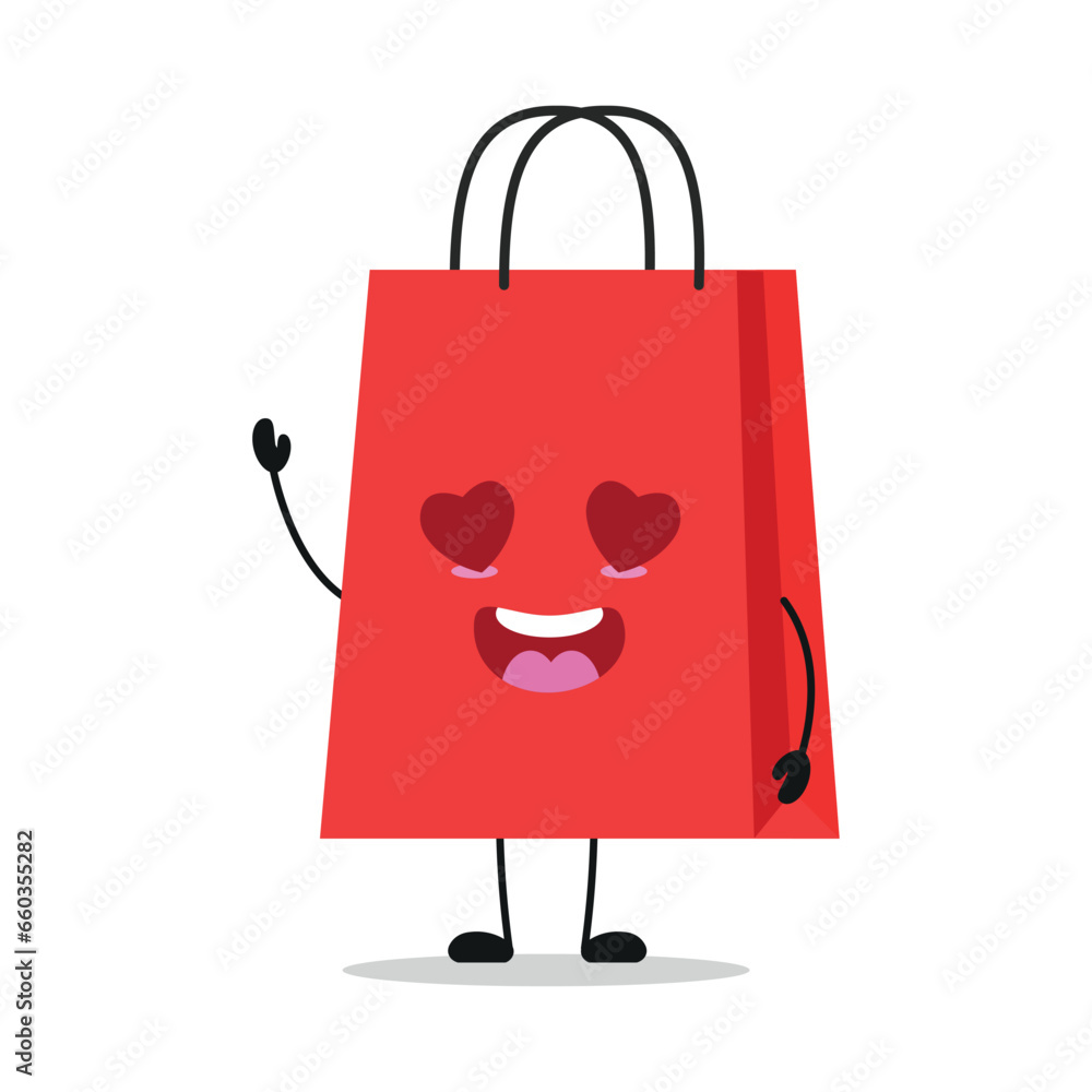 Wall mural cute happy shopping bag character. funny fall in love paper bag cartoon emoticon in flat style. clos