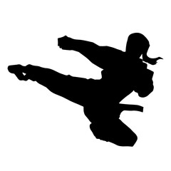 Silhouette of a woman kicking pose. Silhouette of a female martial art in action pose.