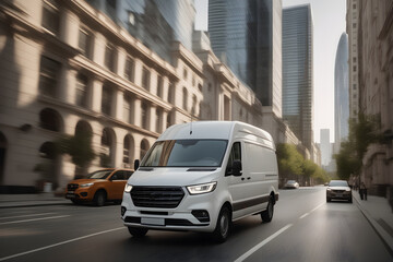 Side view of a commercial van standing driving through the city. Van run fast on city highway to deliver the goods. Product delivery and logistics.