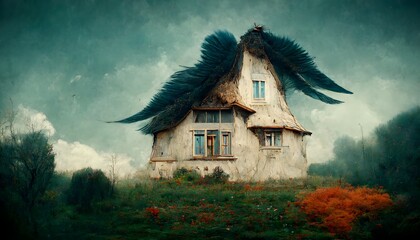 house with feather wings cinematic  - obrazy, fototapety, plakaty
