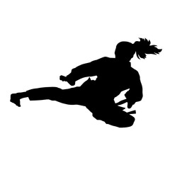 Silhouette of a woman kicking pose. Silhouette of a female martial art in action pose.