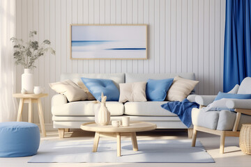 Modern living room with beige, white and blue colors. Minimalistic cozy design with sofa