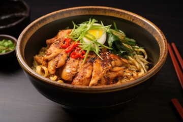 Fototapeta premium spicy chicken ramen in a glazed ceramic bowl