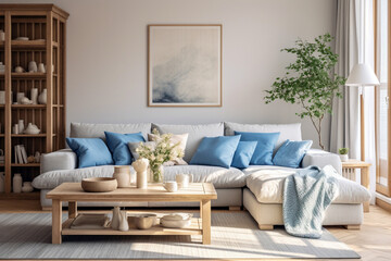 Modern living room with beige, white and blue colors. Minimalistic cozy design with sofa