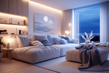Modern living room with beige, white and blue colors. Minimalistic cozy design with sofa