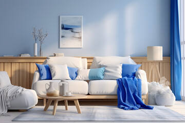 Fototapeta na wymiar Modern living room with beige, white and blue colors. Minimalistic cozy design with sofa