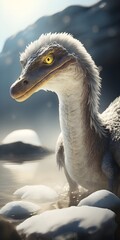 cinematic realism closeup raw artistic photo of nanuqsaurus polar dinosaur raptor covered in small white feather hair drinking from arctic mountain stream in the volumetric lighting sunshine  - obrazy, fototapety, plakaty