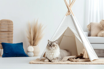 White cat sitting on a sofa. Modern interior design of cozy living room with wigwam - Powered by Adobe