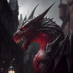 turn Wales into a villain welsh red dragon in background character concept strong powerful ominous Depth of Field 36k photorealistic cinematic dramatic scene ray tracing  - obrazy, fototapety, plakaty