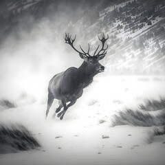 black deer running through a blizzard in the mountains 