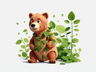 Obraz na płótnie Canvas Free Adorable Bear in Cartoon Animation Style with Green Leaves, Generative AI