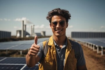 a young male Engineering showing trump up and smiling on solar panels side work.AI generated - obrazy, fototapety, plakaty