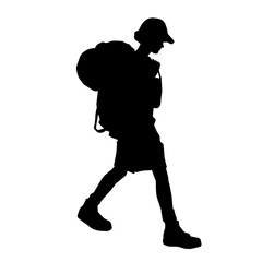 Silhouette of a casual man carrying backpack. Silhouette of a traveller male with backpack.